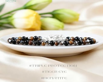 Minimalist Triple Protection Bracelet, Dainty Crystal Black Obsidian, Tiger Eye, Hematite Bracelet for Her