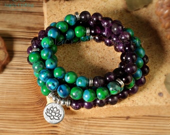 Chrysocolla Stone Bracelet. 108 Beads Mala Prayer Bracelet, Natural Amethyst Gemstone Bracelet, Anxiety Stress Bracelet Inner Peace Gift