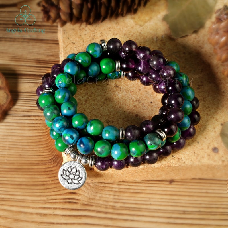 Chrysocolla Stone Bracelet. 108 Beads Mala Prayer Bracelet, Natural Amethyst Gemstone Bracelet, Anxiety Stress Bracelet Inner Peace Gift