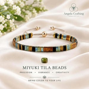 May include: A bracelet made of rectangular Miyuki Tila beads in alternating black, metallic bronze, and iridescent blue-green colors. The bracelet features an adjustable cord with gold-toned beads. Text reads: Angela Crafting, Miyuki Tila Beads, Precision, Vibrance, Creativity, Bring Color To Your Life.