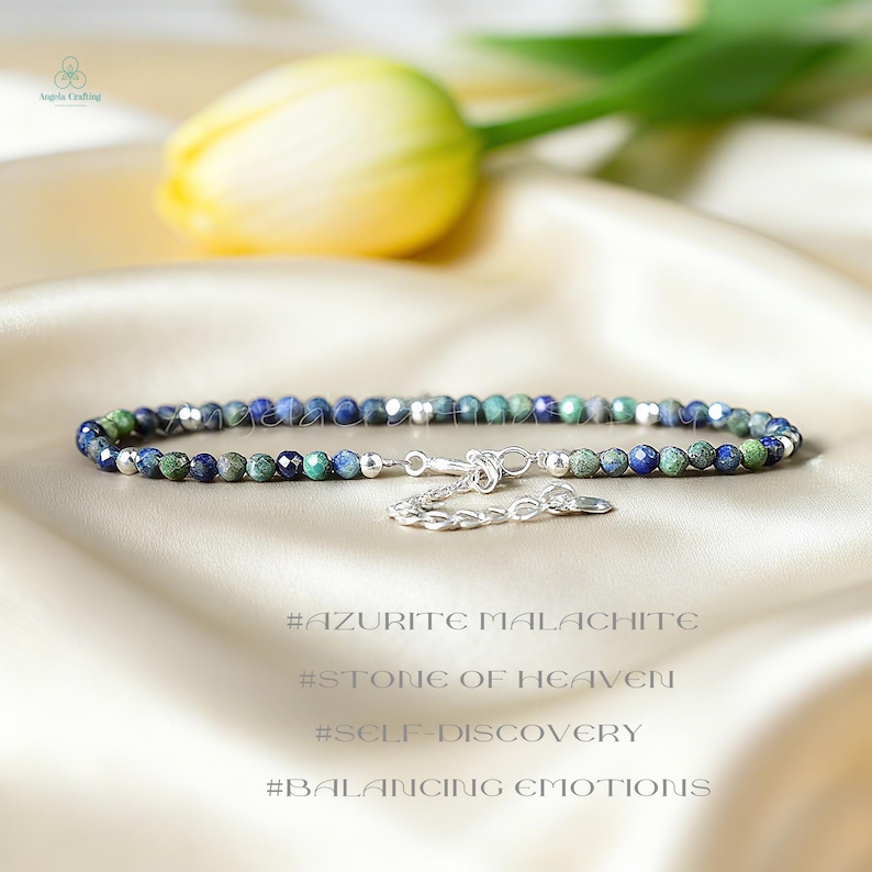 Natural Azurite Malachite Dainty Bracelet, Healing Crystal Minimalist Bracelet, Root Chakra, Stone of Heaven image 2