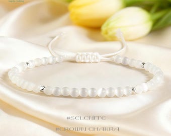 Healing Selenite Crystal Dainty Bracelet, Natural Gemstone Minimalist Bracelet -Crown Chakra,Stacking