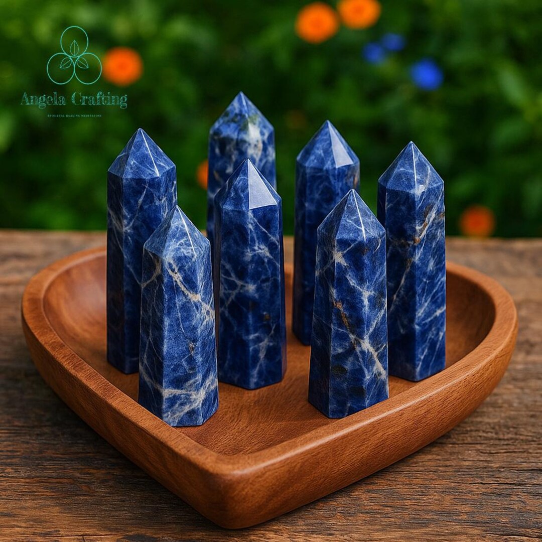 Natural Blue Sodalite Tower Point, Hand Carved Crystal Obelisk