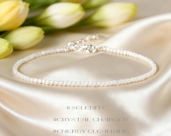 Selenite Dainty Healing Crystal Bracelet, Natural Gemstone Minimalist Bracelet - Crown Chakra, Stacking