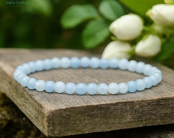 Bracelet aigue-marine en pierre naturelle, bracelet délicat en cristal de guérison, chakra de la gorge, pierre de naissance de mars, empilage
