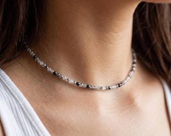Natural Black Tourmaline & Rutilated Quartz Choker | Minimalist Crystal Necklace, Root Chakra Gift for Her