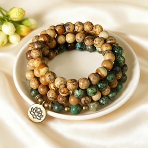 African Turquoise & Picture Jasper Mala - 108 Beads, Stone of Evolution - Meditation Prayer Necklace Gift