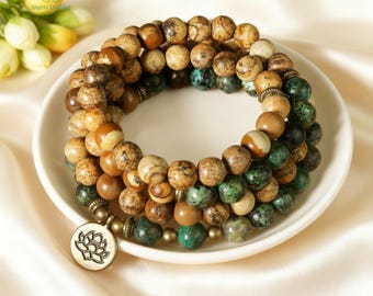 Afrikanischer Türkis & Bilder Jaspis Mala - 108 Perlen, Stein der Evolution - Meditation Gebetskette Geschenk