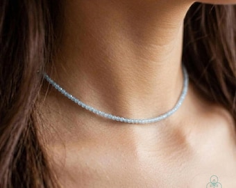 Dainty Aquamarine Choker | Minimalist Crystal Necklace: March Birthstone ,Stone of Courage Gift for Her