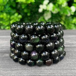 5 Pcs Rainbow Obsidian Crystal Stretch Bracelet, Natural Stone Beads Bracelets , Root Chakra Gift