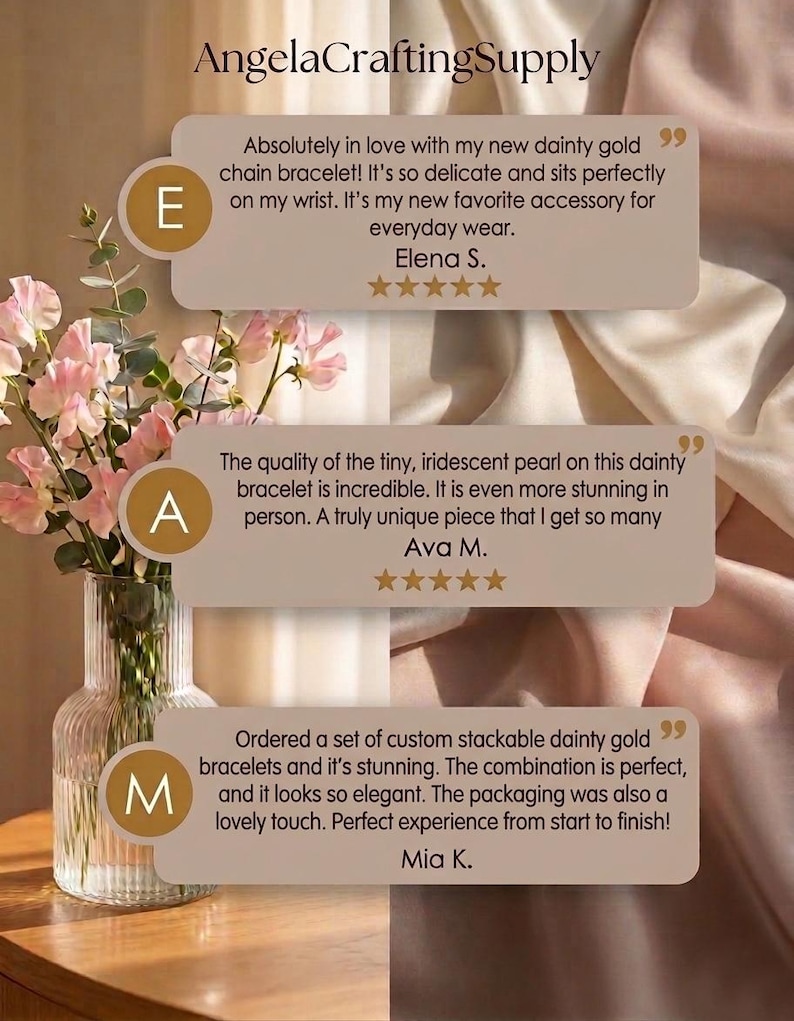 May include: A promotional graphic for AngelaCraftingSupply featuring three customer reviews labeled E, A, and M. The background displays a clear ribbed glass vase filled with pink sweet pea flowers and a draped beige satin fabric, with five-star ratings.