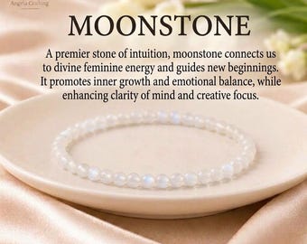 May include: A delicate bracelet composed of small, round, translucent moonstone beads. The text MOONSTONE is printed above a paragraph describing the stone, and the Angela Crafting logo is visible in the upper left corner of the image.