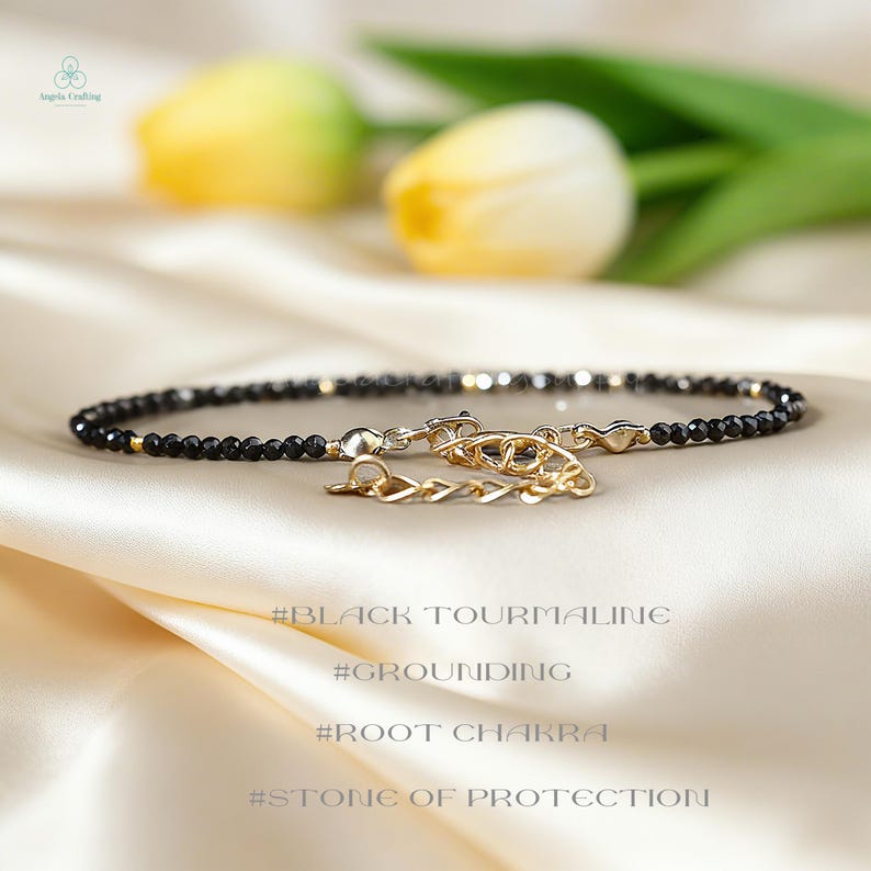 Black Tourmaline Dainty Bracelet , Natural Gemstone Minimalist Crystal Bracelet, Root Chakra, Stone of Protection image 2