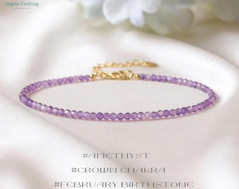Healing Amethyst Crystal Minimalist Bracelet, Natural Gemstone Dainty Bracelet, February Birthstone , Crown Chakra