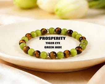Wohlstand Armband - natürliche grüne Jade & Tigerauge Edelstein - Fülle Heilung Kristall Schmuck Geschenk