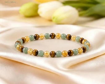 4mm Triple Abundance Bracelet: Citrine, Green Aventurine, & Tiger Eye Prosperity Crystals Gift, Natural Stone