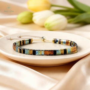 Dainty Miyuki Tila Bead Bracelet - Japanese Flat Tile Surfer Bracelet - Minimalist Waterproof Boho Jewelry