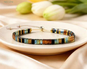 Dainty Miyuki Tila Bead Bracelet - Japanese Flat Tile Surfer Bracelet - Minimalist Waterproof Boho Jewelry