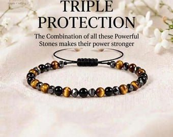 May include: A beaded bracelet featuring alternating round tiger eye, black obsidian, and hematite stones on a black cord. The text reads: TRIPLE PROTECTION The Combination of all these Powerful Stones makes their power stronger. Angela Crafting.