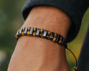 Herren Tigerauge Kristall Heilstein Armband, natürliches Edelstein Armband, spiritueller Schutz Geschenk, Wurzel Chakra