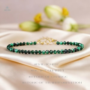 Healing Malachite Crystal Dainty Bracelet, Natural Gemstone Minimalist Bracelet, Stone of Transformation