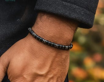 Men's Black Tourmaline Crystal Bracelet, Natural Hematite Stone Bracelet, Root Chakra ,Spiritual Protection