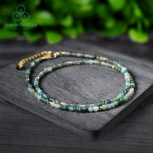 Natural Moss Agate Gemstone Necklace, Moss Agate Crystal Dainty Choker, Layering Necklace, Minimalist Gift ,Heart Chakra for Women