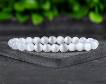 Natural Selenite Stone Bracelet - Delicate White Selenite Crystal Stretchy Bracelet, Crown Chakra Gift for Women