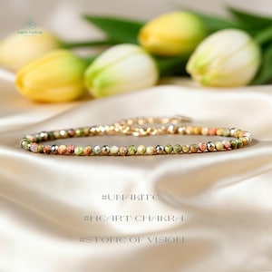 Healing Unakite Crystal Minimalist Bracelet, Natural Gemstone Dainty Bracelet,  Heart Chakra, Layering, Stacking