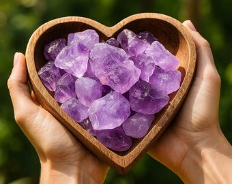 May include: A wooden heart-shaped bowl filled with raw amethyst crystals. The crystals are various shades of purple and are held in a wooden bowl. The bowl is held in both hands.