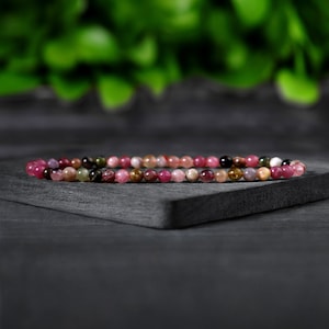 Delicate Rainbow Tourmaline Dainty Bracelet, Natural Tourmaline Stone Bracelet, October Birthstone Crystal Gift, Crown Chakra for Women