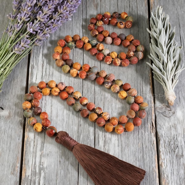 Red Creek Jasper Mala Necklace, 108 Bead Rosary, Knotted Gemstone Prayer Beads