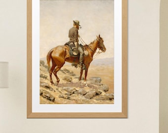 Peut inclure: Impression d'art encadrée d'une peinture à l'aquarelle représentant une personne à cheval dans un paysage désertique. L'œuvre utilise des tons chauds de brun, beige et tan, avec le sujet en costume d'époque.