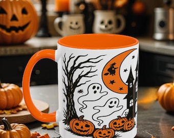 Vintage Halloween Mug ,Retro Haunted House and Witch Design, Ghosts,Pumpkins & Moon,11oz and 15oz Accent Mug for Spooky Season, Perfect gift
