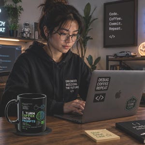 May include: A black ceramic mug featuring the text I TURN COFFEE INTO PROMPTS, a brain graphic, and technical diagrams. The mug is positioned on a dark coaster, displaying a detailed print that combines coffee-related humor with coding motifs.