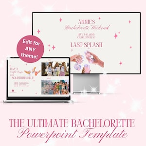 May include: A digital illustration of a pink and white PowerPoint template for a hen do. The template features a title slide with the text "Annie's Bachelorette Weekend" and "Last Splash". The template also includes a slide with a day-by-day itinerary.