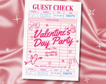 Valentine's Guest Check Invitation Card, Galentine's, Editable Pink & Blue Template, Digital, Printable, Versatile, Love
