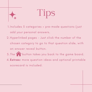 Puede incluir: Un fondo rosa con la palabra "Tips" en fuente cursiva. El texto enumera caracter&iacute;sticas que incluyen 5 categor&iacute;as, p&aacute;ginas con hiperv&iacute;nculos, un bot&oacute;n de inicio e ideas de preguntas adicionales. Un gr&aacute;fico de estrella decorativa est&aacute; en la esquina superior izquierda.