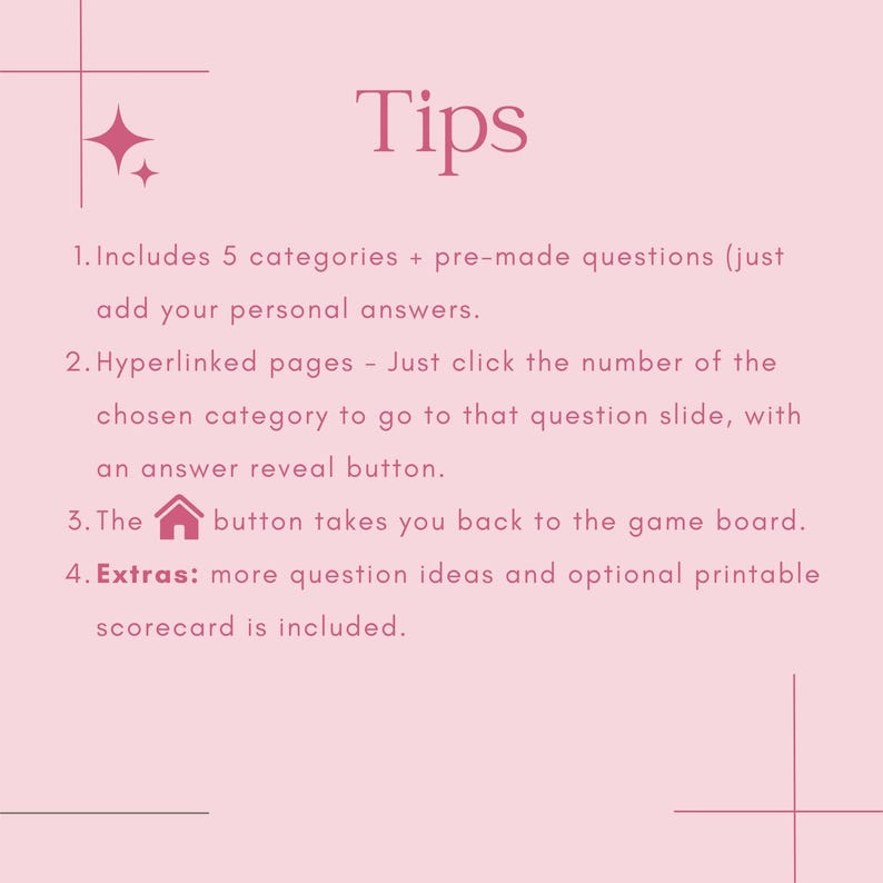 Puede incluir: Un fondo rosa con la palabra "Tips" en fuente cursiva. El texto enumera caracter&iacute;sticas que incluyen 5 categor&iacute;as, p&aacute;ginas con hiperv&iacute;nculos, un bot&oacute;n de inicio e ideas de preguntas adicionales. Un gr&aacute;fico de estrella decorativa est&aacute; en la esquina superior izquierda.