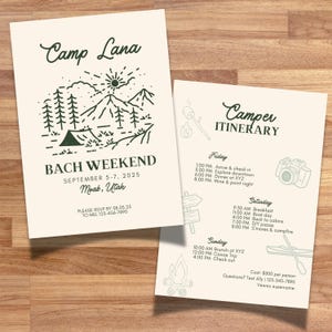 Camp Bachelorette Einladungsvorlage: Personalisierbar, Handgezeichnete Reiseplan (Canva Editable, Digital Download 5 &quot;x 7&quot;), camp bach