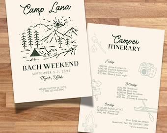 Camp Bachelorette Invitation Template: Customizable, Hand-Drawn Itinerary (Canva Editable, Digital Download 5" x 7"), camp bach