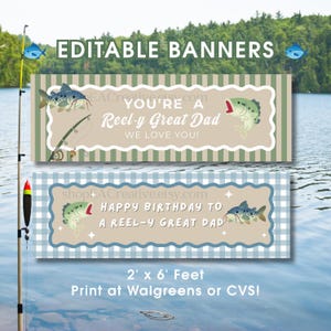 Könnte beinhalten: Zwei rechteckige Banner mit gewelltem Rand und Angelmotiven. Das obere Banner hat grüne Streifen und den Text YOU'RE A Reel-y Great Dad WE LOVE YOU! Das untere Banner hat ein blaues Vichy-Muster und den Text HAPPY BIRTHDAY TO A REEL-Y GREAT DAD.