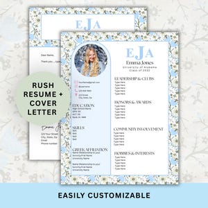May include: A resume and cover letter template featuring a light blue and white floral border. The document includes a circular photo placeholder, sections for education, skills, and honors, and the text E J A, Emma Jones, University of Alabama Class of 2032.