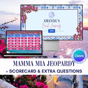 Pode incluir: Uma tela de jogo digital em um monitor de computador e laptop com o tema Mamma Mia Jeopardy. A interface inclui bordas de azulejos azuis e brancos, detalhes de flores rosas, uma bola de discoteca e uma grade de botões de pontuação.