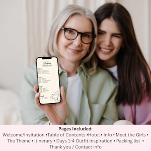 May include: A woman is holding a phone showing a printable itinerary for a weekend trip. The itinerary includes a table of contents, hotel information, a packing list, and outfit inspiration.
