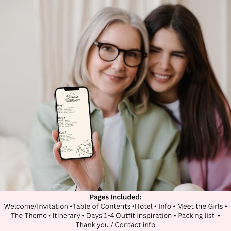 May include: A woman is holding a phone showing a printable itinerary for a weekend trip. The itinerary includes a table of contents, hotel information, a packing list, and outfit inspiration.