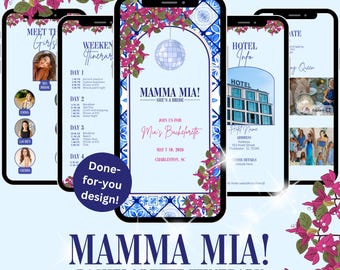 Plantilla de Canva para itinerario digital de despedida de soltera de Mamma Mia: Disco, temática marina, Mediterráneo, descarga instantánea