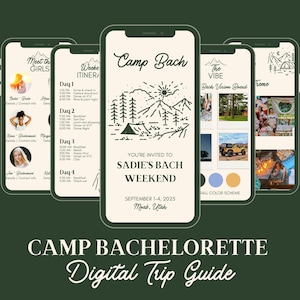 May include: A digital guide for a bachelorette weekend at Camp Bach in Moab, Utah. The guide includes a schedule of events, a vision board, and a color scheme. The text on the guide says "You're invited to Sadie's Bach Weekend, September 1-4, 2025, Moab, Utah".