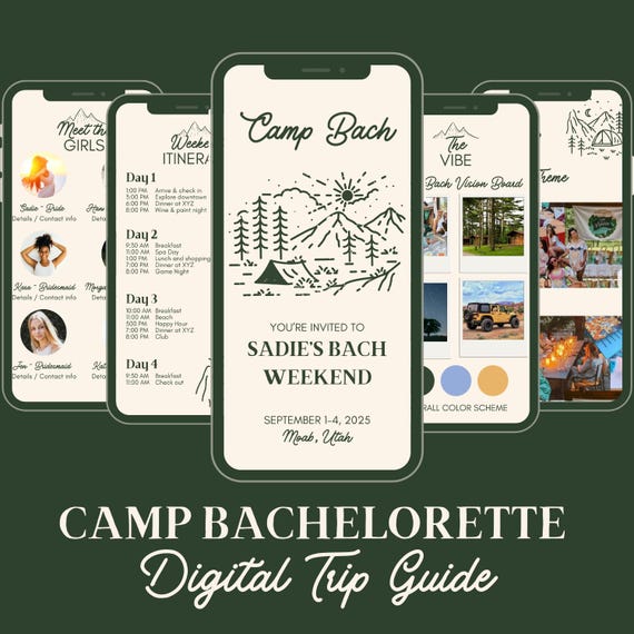 Camp Bachelorette Itinerary Template: Digital Mobile Invitation, Canva, Instant Download, customizable, invitation, travel, camp bach