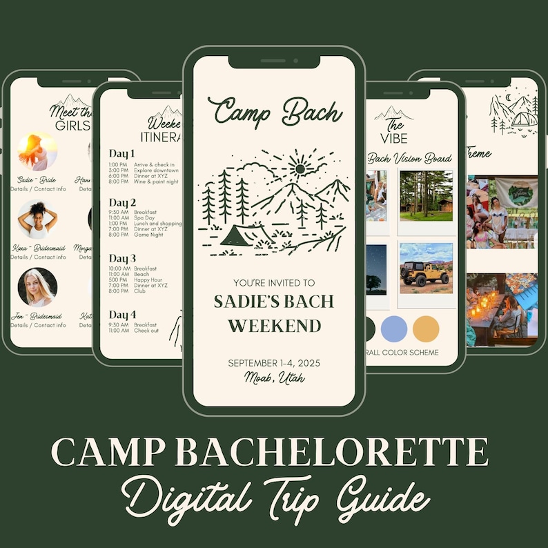 May include: A digital guide for a hen do weekend at Camp Bach in Moab, Utah. The guide includes a schedule of events, a vision board, and a colour scheme. The text on the guide says "You're invited to Sadie's Bach Weekend, September 1-4, 2025, Moab, Utah".